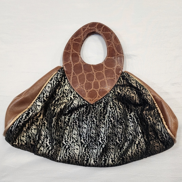 Women's Metallic Copper Brown Mixed Material Ethnic Ornate Sturdy Hand Purse Bag - Picture 8 of 16